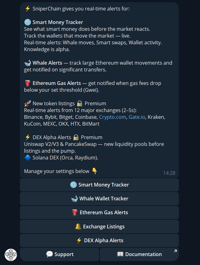 Sniperchain bot main menu interface